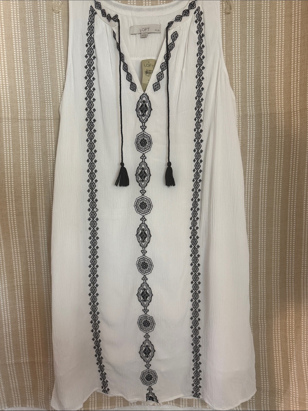 LOFT White Midi Dress with Black Embroidered Trim